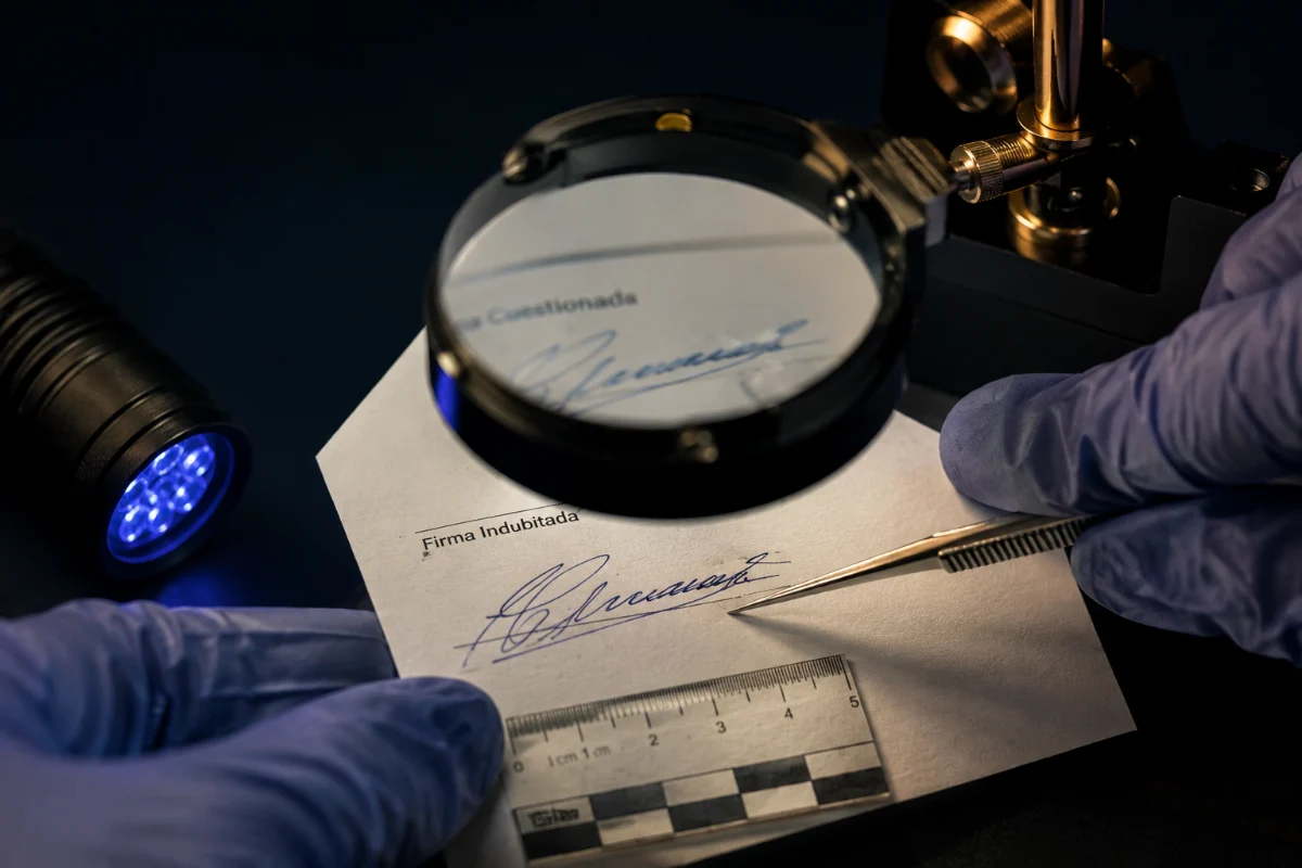 Perito documental comparando dos firmas con lupa en una pericia caligráfica de falsificación de instrumentos