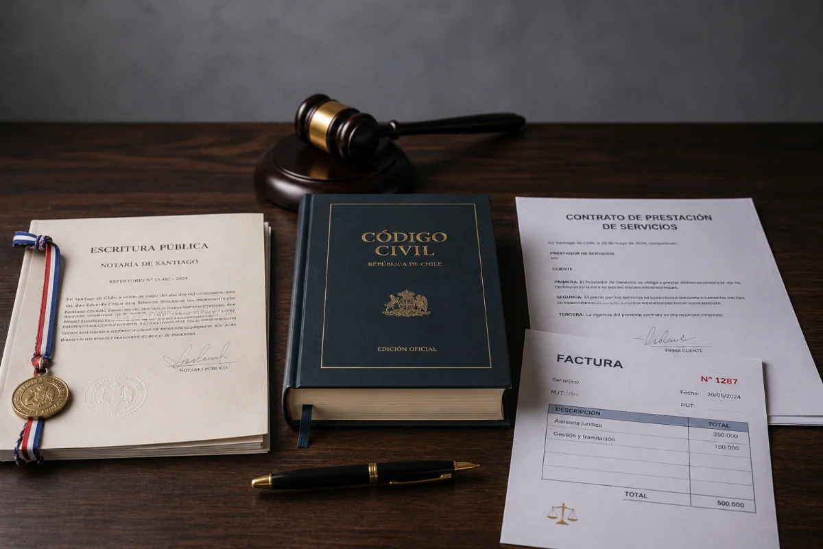 Escritura pública con sello notarial junto a un contrato privado, ilustrando la diferencia entre instrumento público y privado (arts. 193-198 del Código Penal)