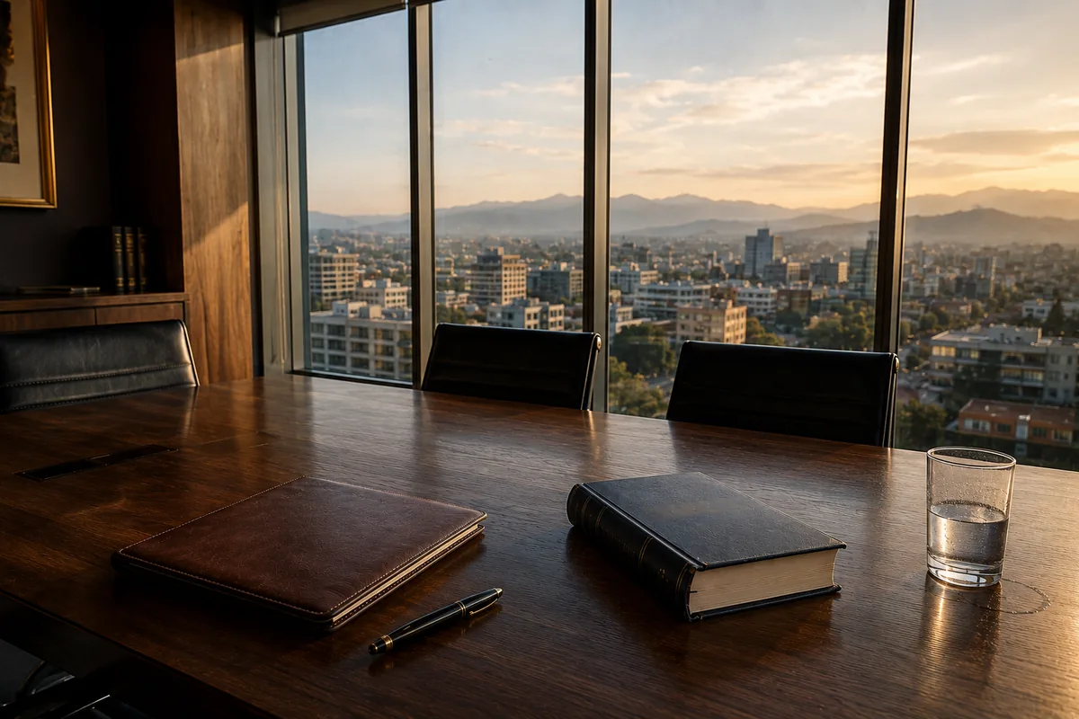 Sala de reuniones institucional del estudio Schneider Abogados en el WTC Las Condes al atardecer, con cordillera de Santiago al fondo, mesa de trabajo lista para una entrevista bajo secreto profesional