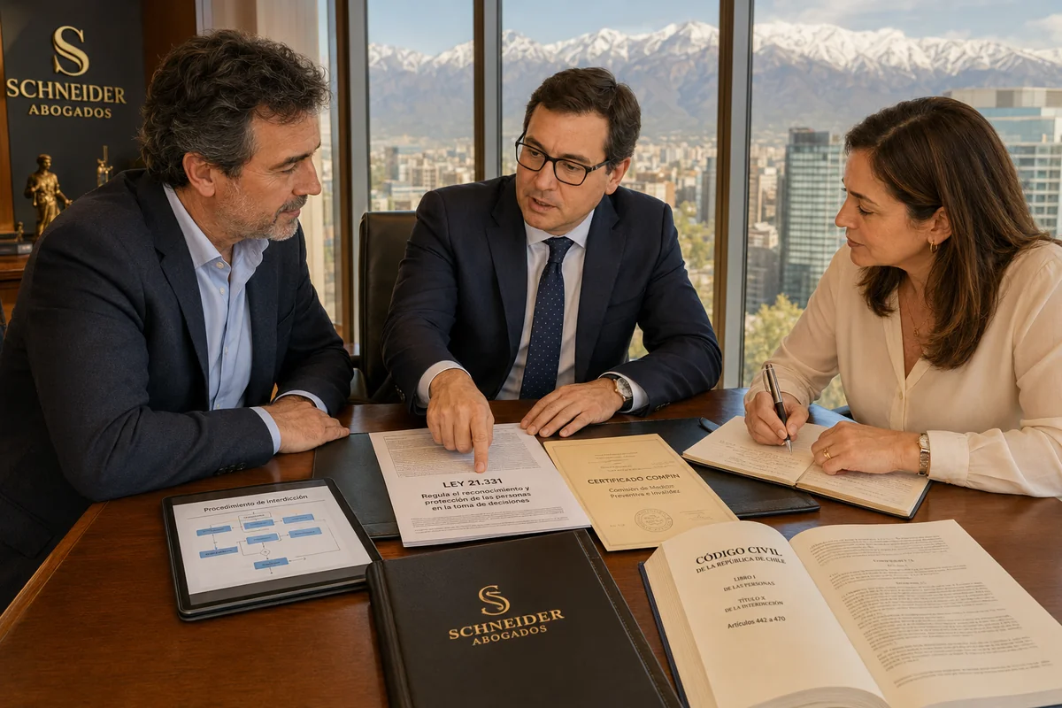 Abogado del Departamento de Derecho Civil y Familia de Schneider Abogados explicando el procedimiento de interdiccion ante el Juzgado de Letras en lo Civil a una familia preocupada, revisando la prueba pericial, los certificados COMPIN y la estrategia para obtener la curaduria provisoria