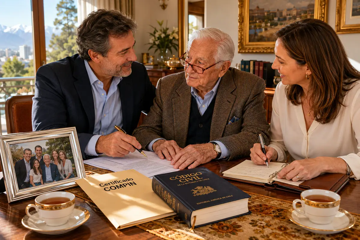 Familia adulta y madre mayor sentadas a la mesa del comedor revisando documentos legales y conversando sobre la decision de iniciar un proceso de interdiccion para proteger el patrimonio y el cuidado de un ser querido